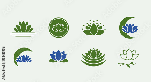 Lotus Flower Logo Icons Set - Green and Blue