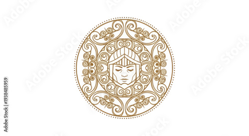 Golden Ornate Mandala with Warrior Face Emblem