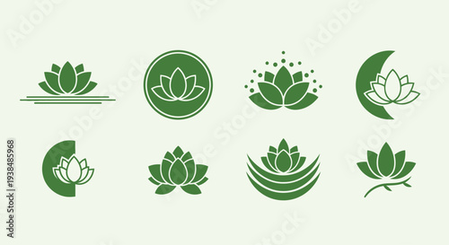 Set of Green Lotus Flower Icons, Symbols, and Logos on Light Background
