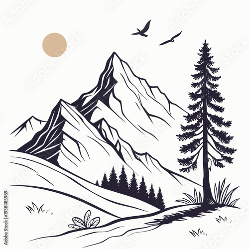 Majestic mountain landscape with a lone tree and soaring birds under a bright sun. Vector