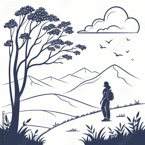 A solitary figure stands atop a hill, gazing at the distant mountains and the sky. Vector
