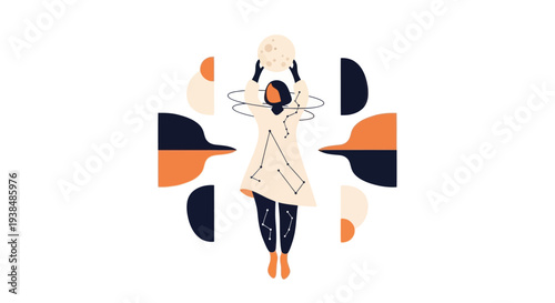 Woman Holding Moon Celestial Body Abstract Geometric Shapes