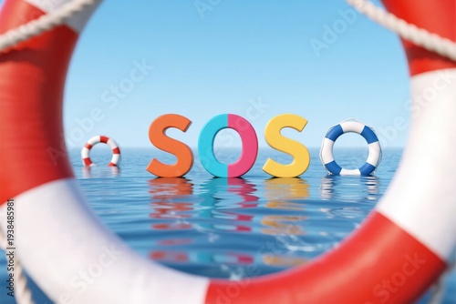 Colorful SOS letters in water with lifebuoys