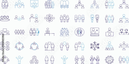 Collection of blue line icons depicting groups of people and meetings