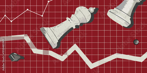 Chess pieces falling against a red background with a declining graph