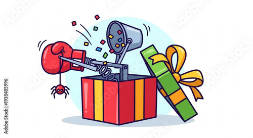 Surprise gift box with boxing glove and confetti popping out colorful celebration