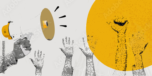 A stylized illustration depicts a megaphone broadcasting to raised hands