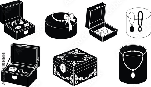 Black and white jewelry box icon set with luxury rings necklaces gift packaging and ornate treasure chests isolated on white background