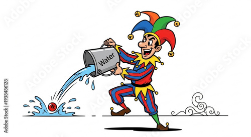 Jester pouring water from bucket onto red ball in playful scene with colorful costume