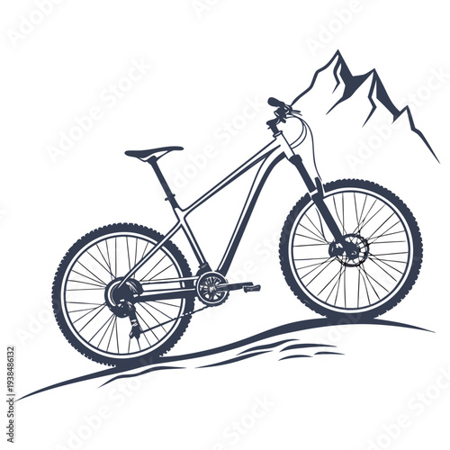 Mountain bike positioned on a hillside with a mountain range in the background Vector