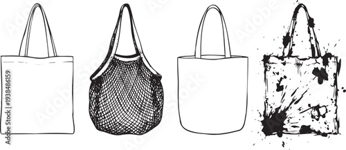 Collection of four different tote bag illustrations on white background showcasing various styles and designs for shopping and fashion
