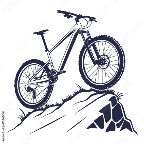 Mountain bike parked on a rocky trail with a scenic view in the background Vector