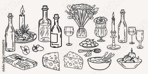 A still life sketch featuring wine cheese candles and celebratory elements