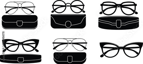 Black and white eyewear icons set with aviator round and cat eye glasses including hard protective storage cases isolated vector