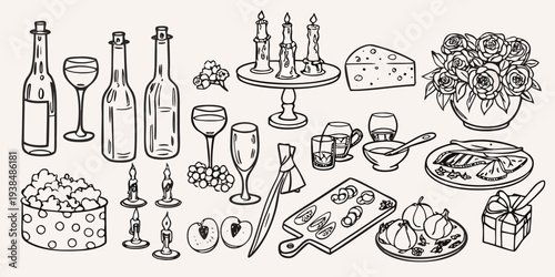 A sketched still life arrangement featuring wine cheese and floral elements