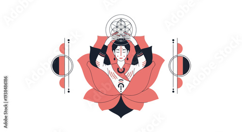 Woman in Lotus Flower with Geometric Sacred Geometry Symbols