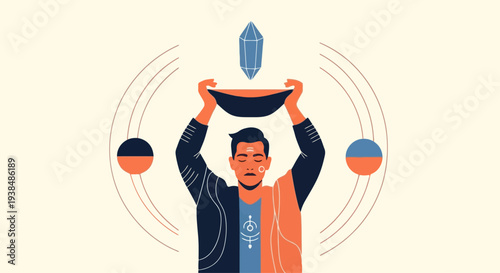 Man holding crystal and bowl with celestial symbols, spiritual ritual concept