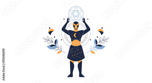 Mystical figure holding celestial geometric symbol, cosmic, astrology, esoteric concept