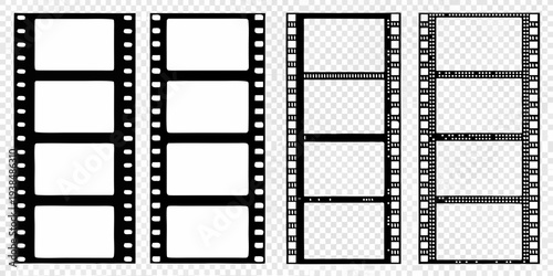A collection of black film strips with blank rectangular frames