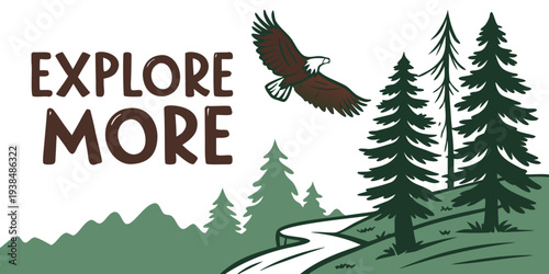 A majestic bald eagle soaring over a lush green forest with mountains in the background. Vector
