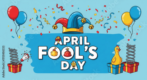 April fool's day celebration with colorful balloons and gifts