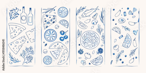 Hand drawn illustrations of mediterranean food items in blue tones
