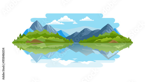 Serene landscape with mountains, trees, and a calm lake reflecting the sky Vector