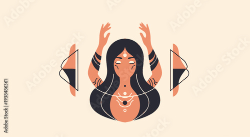 Mystic Woman with Tattoos and Raised Hands, Tribal Design