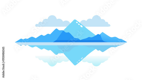 Majestic mountains reflected in a serene, cloud-dotted lake under a clear sky. Vector