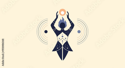 Abstract Celestial Figure Holding Sun Orb, Cosmic Energy, Mystical Symbol