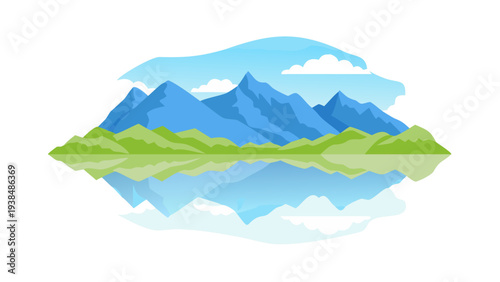 A serene mountain landscape reflected in a tranquil lake under a clear blue sky Vector