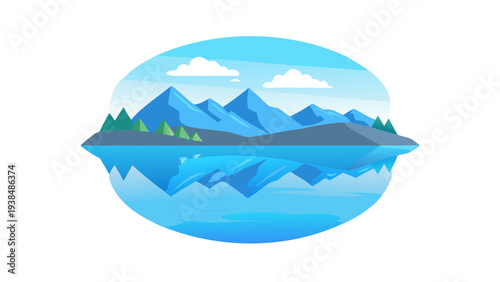 Serene landscape with mountains, lake, and sky reflected in a blue globe. Vector