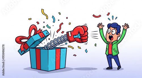 Surprised man reacts to spring loaded boxing glove emerging from gift box with confetti