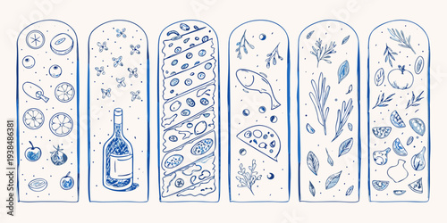 Blue sketch of six narrow panels featuring food and botanical elements