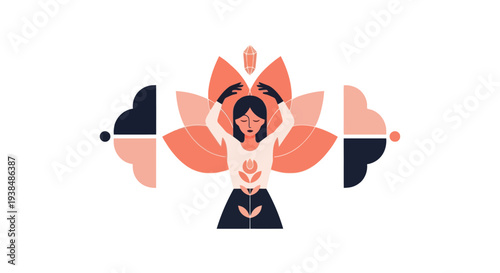 Woman in lotus pose illustration with abstract floral elements and balanced symmetry
