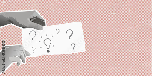 Hands holding a paper with question marks against a dotted background