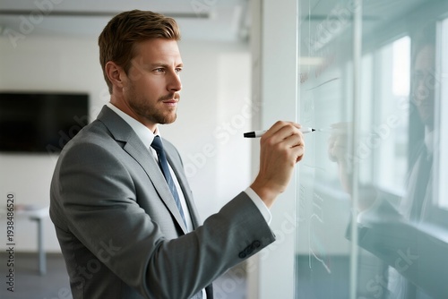 Businessman writing on glass board