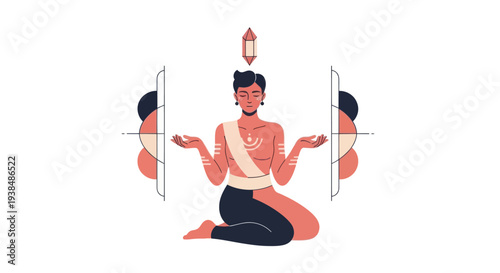 Person meditating with symmetry and enlightenment symbol