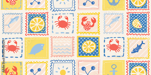 Colorful illustrated stamps featuring marine life and citrus fruits