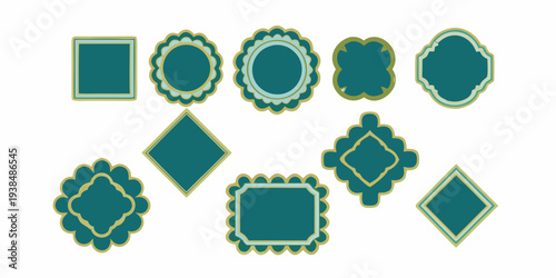 Collection of ornate teal frames and labels with gold accents