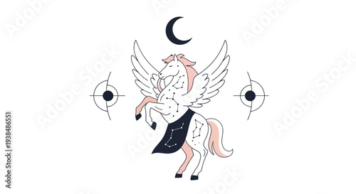 Mythical Pegasus Horse with Wings, Moon, Stars, and Compass Symbols