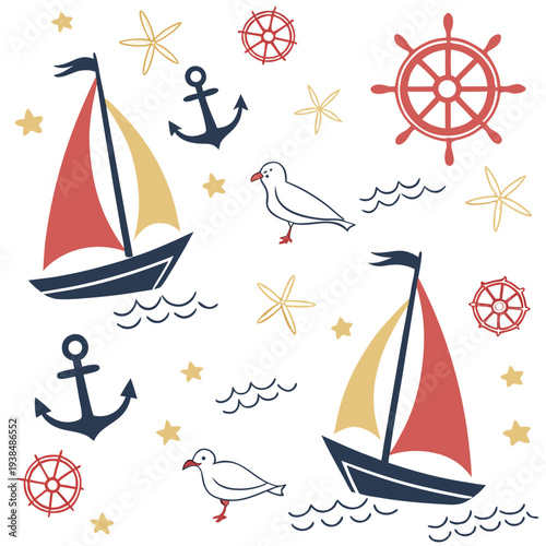 Nautical-themed illustration featuring sailboats, anchors, and seagulls on a white background Vector