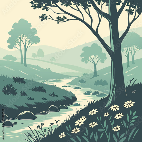 A serene landscape with a winding river surrounded by lush trees and vibrant flowers Vector