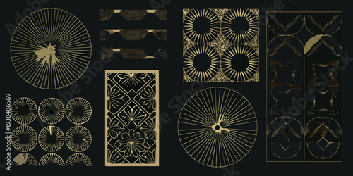 An assortment of decorative radial and geometric patterns on a dark background