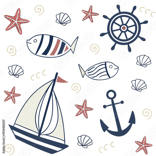 Nautical-themed background with anchors, stars, and a sailboat Vector