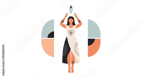 Woman in flowing dress, spiritual dance, abstract geometric background, minimalist art