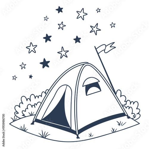 A serene campsite under a starry night sky with a tent and falling stars Vector