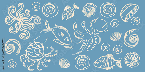 Stylized marine life illustration with octopus fish and shells