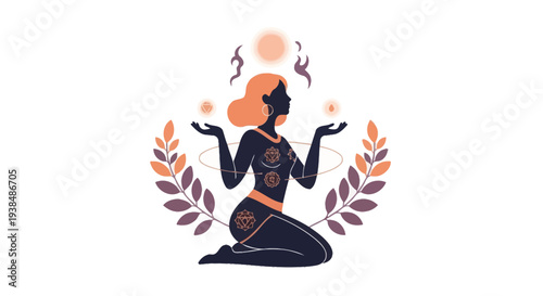 Woman meditating with chakras and sun symbols, spiritual energy, holistic well-being concept