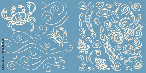 Stylized illustration of marine life featuring crabs fish and shells